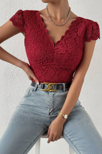 Elegant Lace Bodysuit with V-Neck and Sleeves - Soft Stretch Fabric, Versatile Design 6
