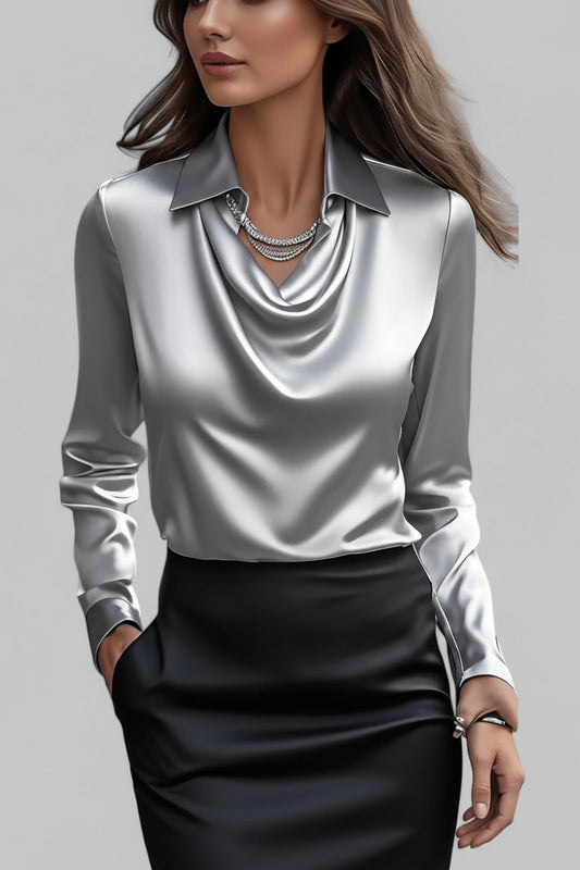 Elegant Long Sleeve Satin Blouse with Draped Neck for Women 1