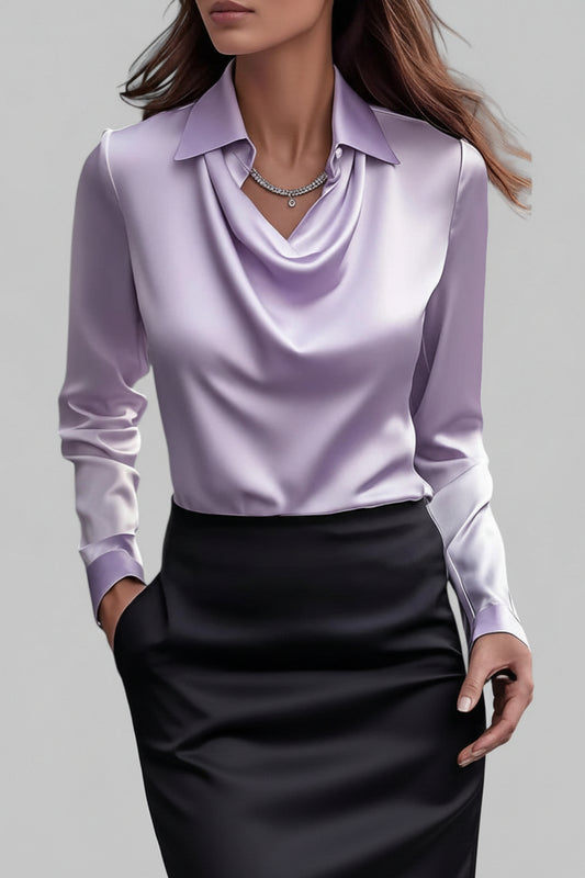 Elegant Long Sleeve Satin Blouse with Draped Neck for Women 3