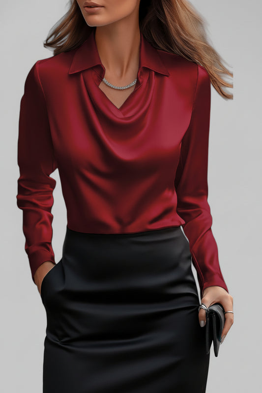 Elegant Long Sleeve Satin Blouse with Draped Neck for Women 4