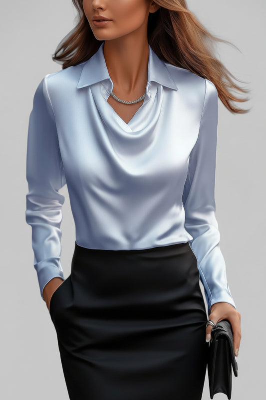 Elegant Long Sleeve Satin Blouse with Draped Neck for Women 5