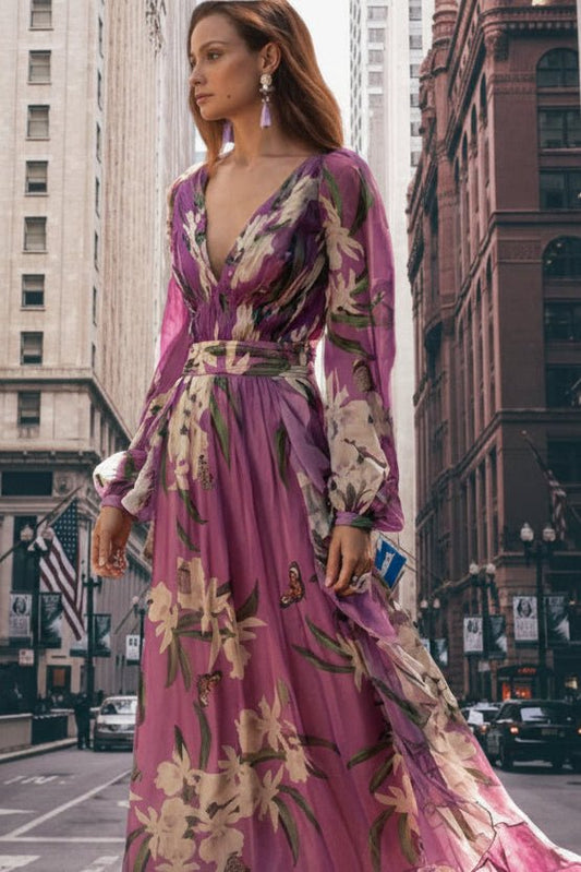 Elegant Purple Maxi Dress - Womens Summer Wedding Guest Dress with V-Neck Design 0