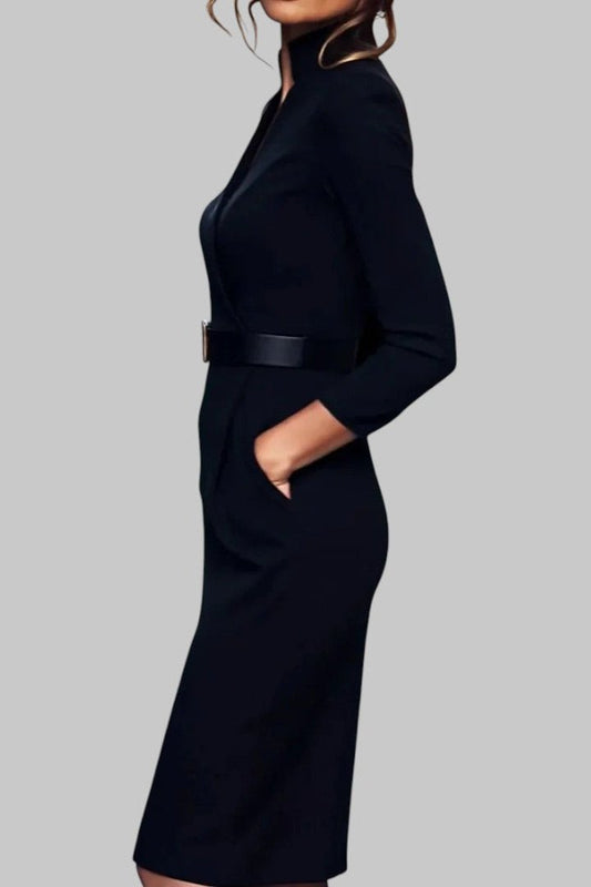 Elegant Sheath Midi Dress with Structured Collar & Belted Waist 1