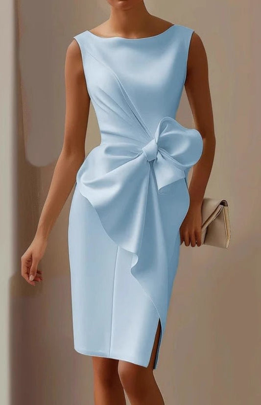 Elegant Sleeveless Wedding Guest Dress with Oversized Bow and Draped Design 3