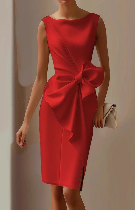Elegant Sleeveless Wedding Guest Dress with Oversized Bow and Draped Design 4
