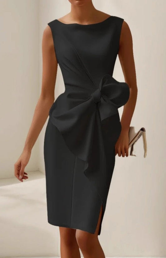 Elegant Sleeveless Wedding Guest Dress with Oversized Bow and Draped Design 5
