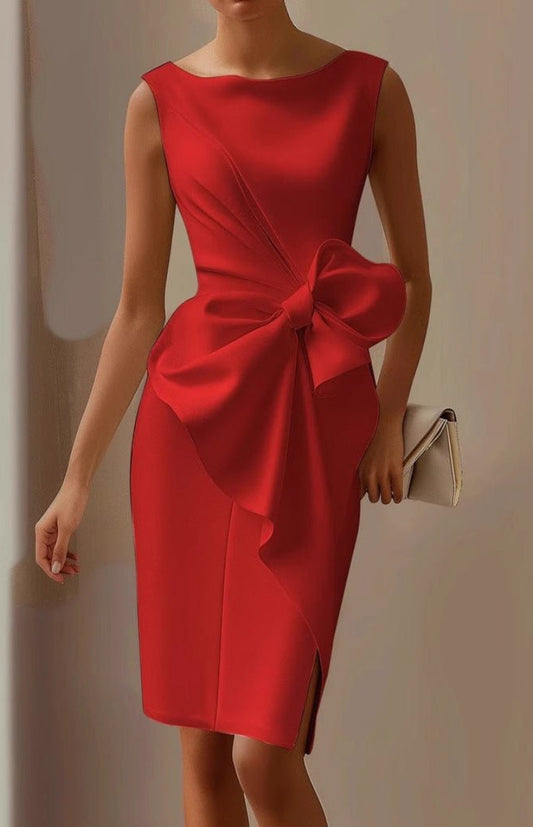 Elegant Sleeveless Wedding Guest Dress with Oversized Bow and Draped Design 8