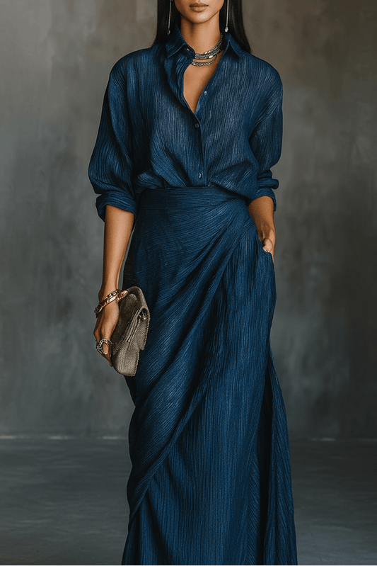 Elegant Two Piece Sets for Women - Tailored Shirt and Flowing Long Skirt 1