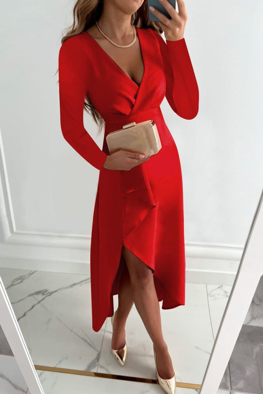 Elegant V-Neck Midi Dress - Asymmetric Cut Slip-On Cocktail Dress for Women 3