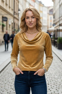 Elegant Velvet Shirt for Women - Relaxed Fit with Draped Collar, Cozy Style 0