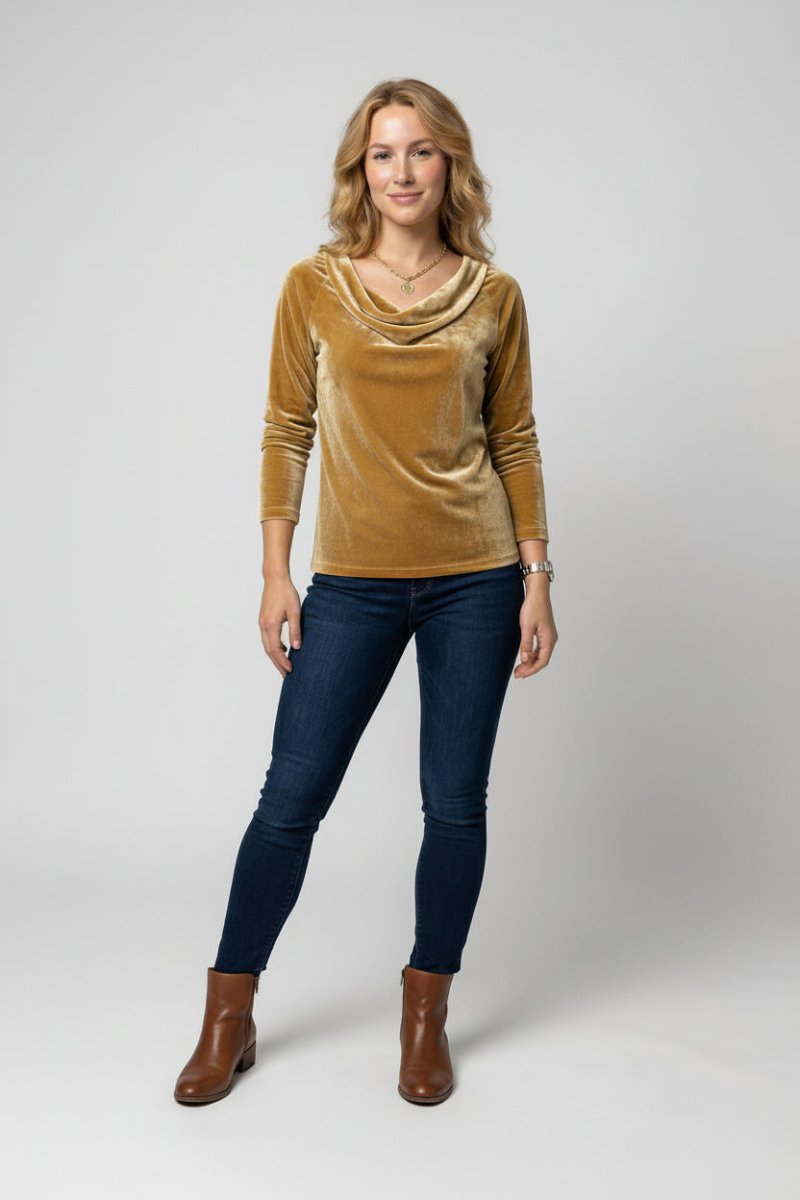 Elegant Velvet Shirt for Women - Relaxed Fit with Draped Collar, Cozy Style 1
