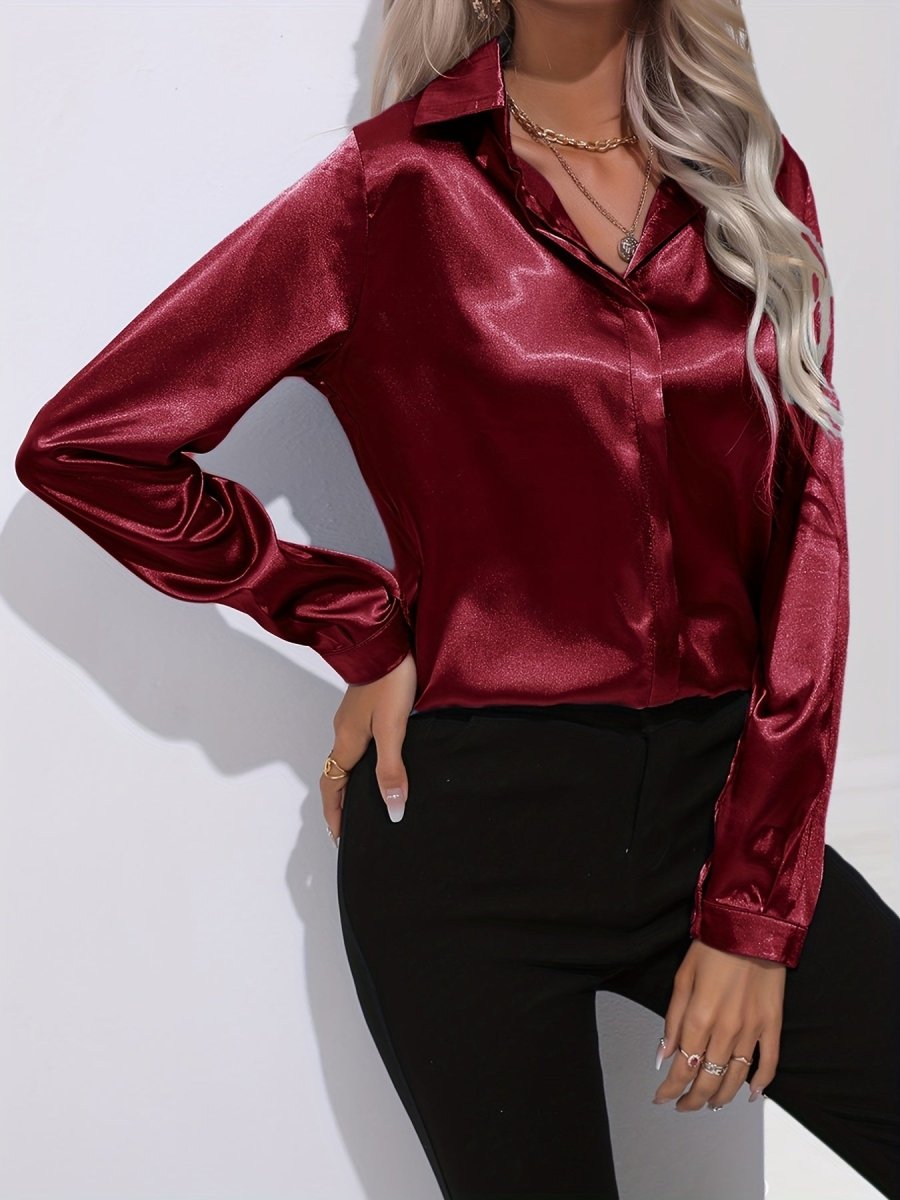 Elegant Women's Long Sleeve Satin Blouse with Classic Button Down Design 10