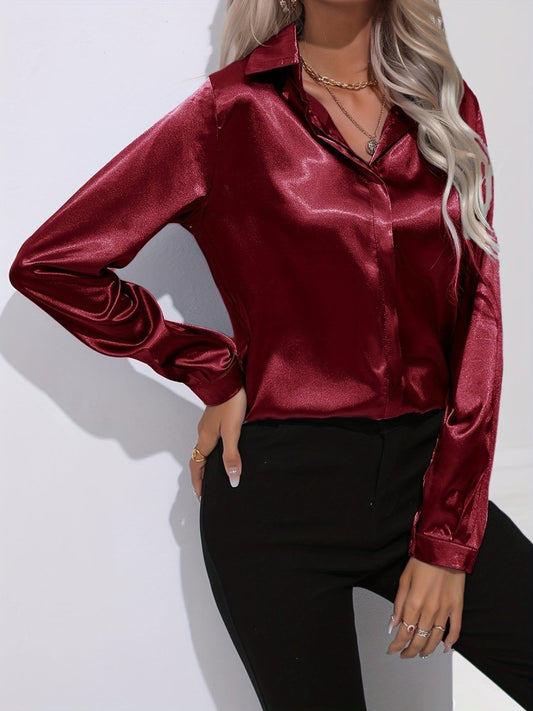 Elegant Women's Long Sleeve Satin Blouse with Classic Button Down Design 10