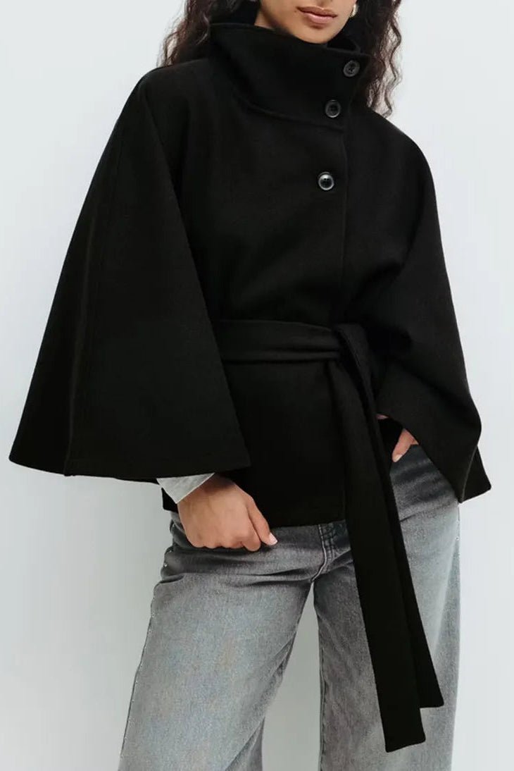 Elegant Women's Short Cape Coat with Funnel Neck & Self-Tie Belt 0