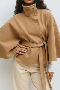 Elegant Women's Short Cape Coat with Funnel Neck & Self-Tie Belt 1