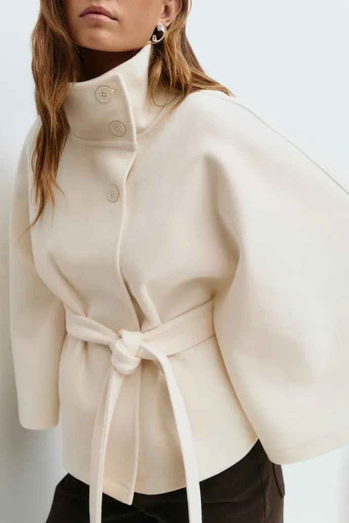 Elegant Women's Short Cape Coat with Funnel Neck & Self-Tie Belt 4