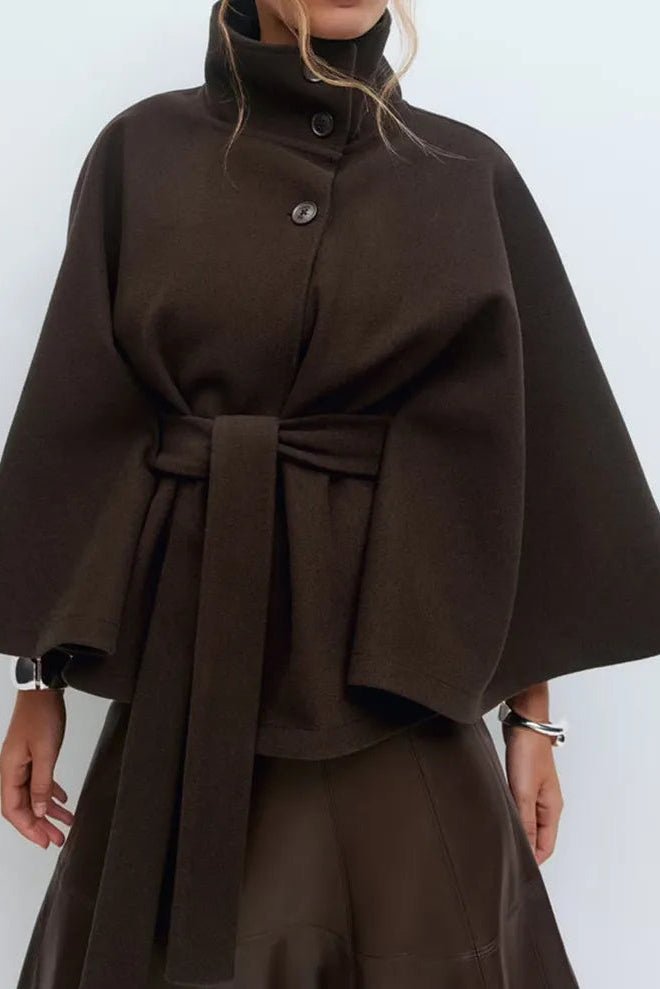 Elegant Women's Short Cape Coat with Funnel Neck & Self-Tie Belt 5