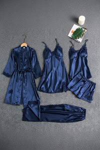Elegant Women's Silk Pajama Set with Kimono, Top, Bottoms & Slip Dress 0