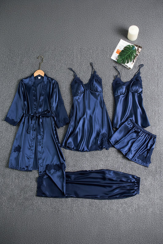 Elegant Women's Silk Pajama Set with Kimono, Top, Bottoms & Slip Dress 0