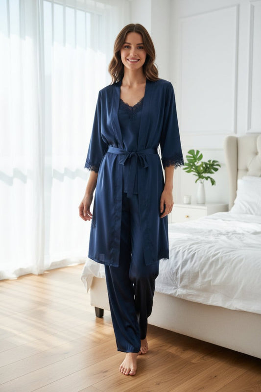 LUXENITE – Women’s Elegant Silk Sleepwear Set with Kimono and Slip Dress