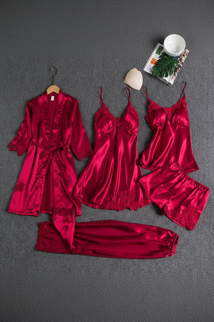 Elegant Women's Silk Pajama Set with Kimono, Top, Bottoms & Slip Dress 1