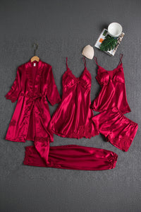 Elegant Women's Silk Pajama Set with Kimono, Top, Bottoms & Slip Dress 1