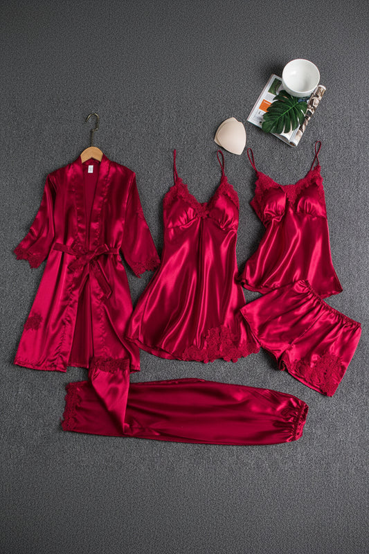 Elegant Women's Silk Pajama Set with Kimono, Top, Bottoms & Slip Dress 1