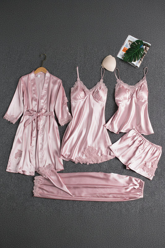 Elegant Women's Silk Pajama Set with Kimono, Top, Bottoms & Slip Dress 2