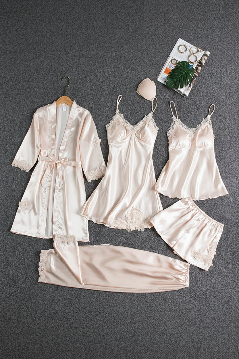 Elegant Women's Silk Pajama Set with Kimono, Top, Bottoms & Slip Dress 3