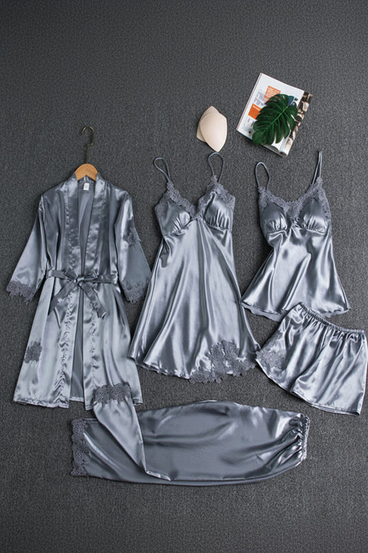 Elegant Women's Silk Pajama Set with Kimono, Top, Bottoms & Slip Dress 4