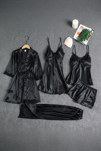 Elegant Women's Silk Pajama Set with Kimono, Top, Bottoms & Slip Dress 5