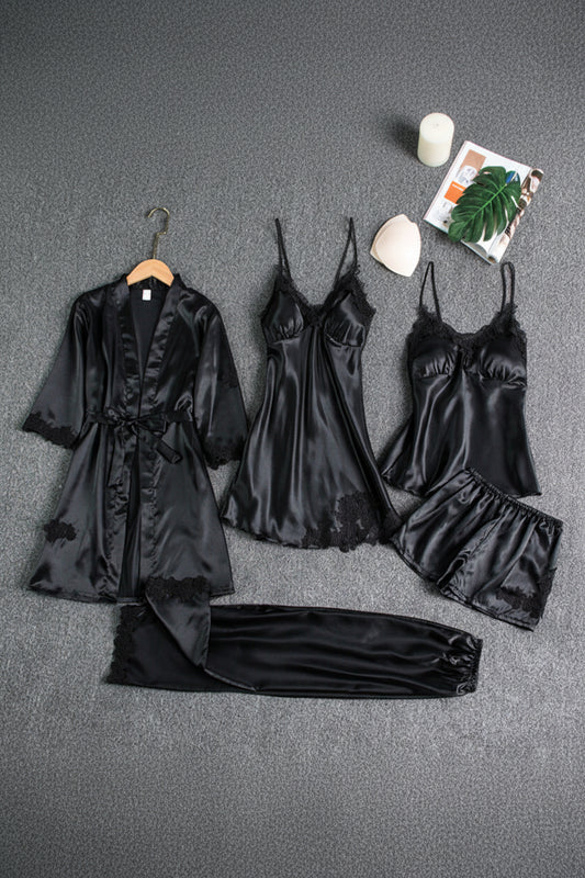 Elegant Women's Silk Pajama Set with Kimono, Top, Bottoms & Slip Dress 5