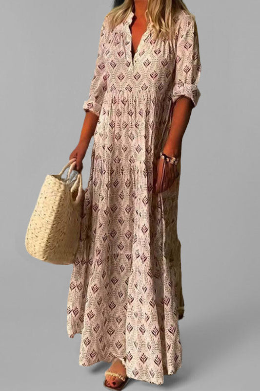 Elegant Women's Tiered Maxi Dress - Lightweight V-Neck Long Sleeve Summer Dress 0