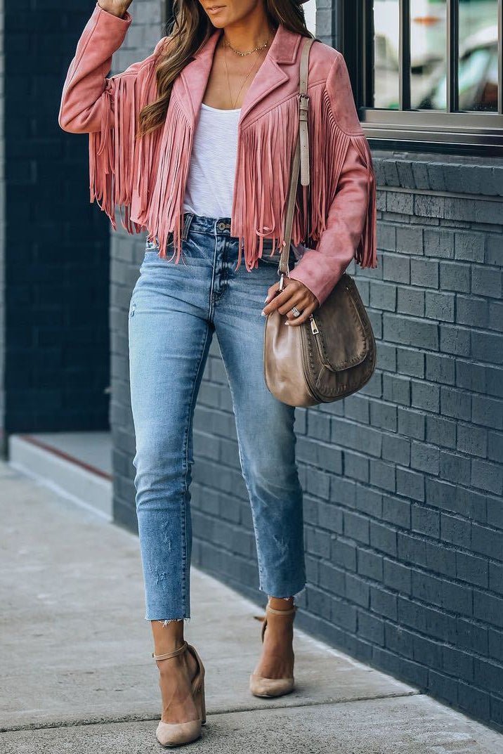 Fringed Suede Moto Jacket for Women - Soft Material, Tailored Fit, Edgy Style 2