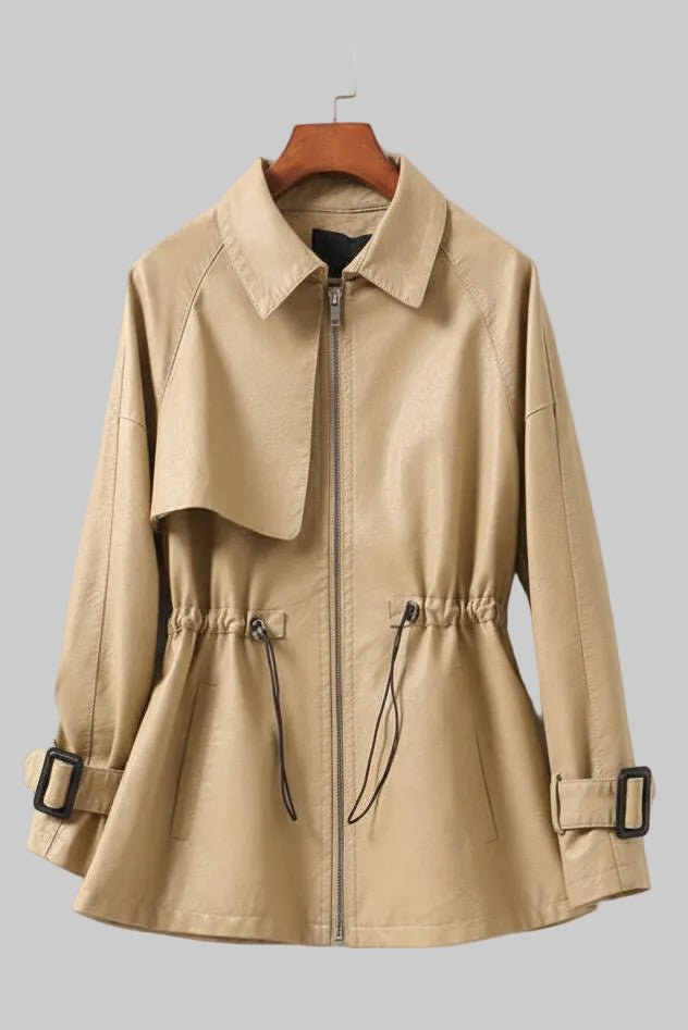 Genuine Sheepskin Black Leather Jacket for Women with Cinched Waist and Pockets 2