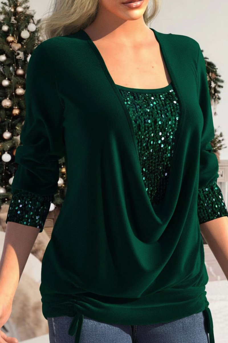 Glamorous Sequin Top for Going Out with Plunging Neckline & Cuffs 4