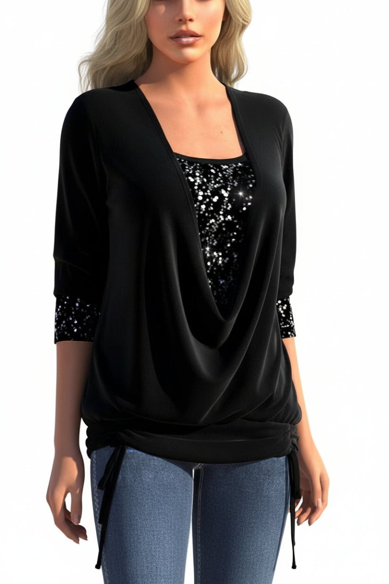 Glamorous Sequin Top for Going Out with Plunging Neckline & Cuffs 6