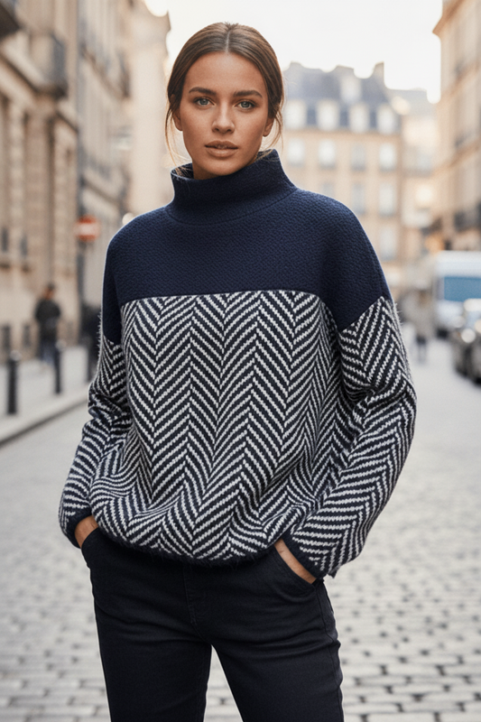 KNITNEST – Knitted Jumper with Cozy High Collar & Textured Pattern