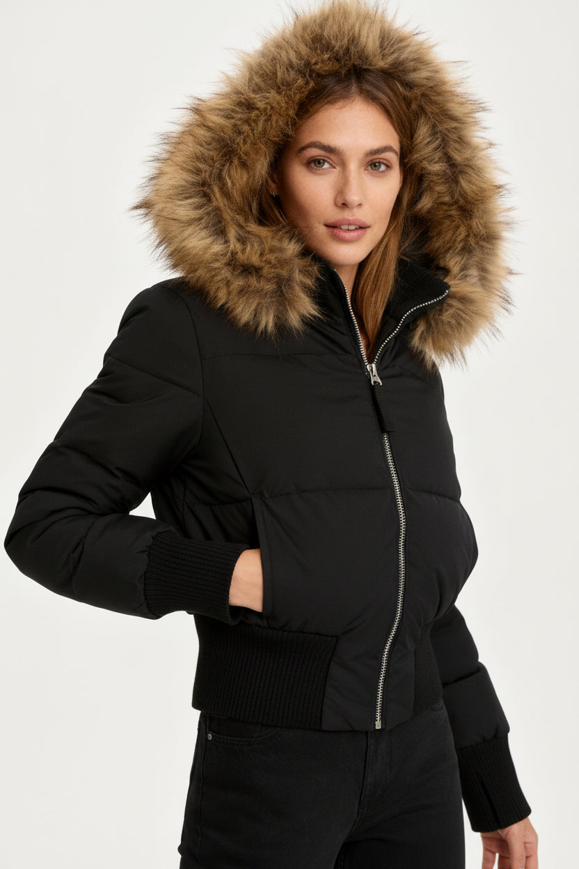 Heidi-Mode - Women's Black Puffer Jacket, Quilted Winter Coat with Removable Hood 4