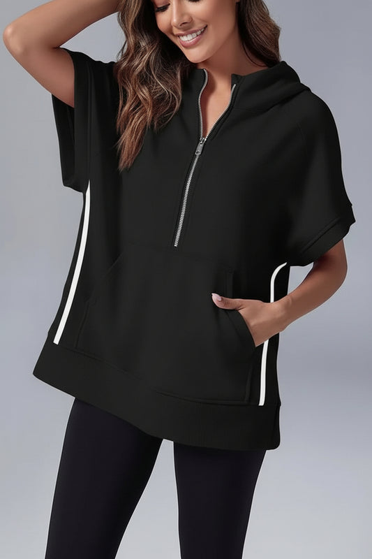 Heidi-Mode Casual Short Sleeve Hoodie with Half Zip and Pockets 2