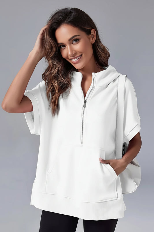 Heidi-Mode Casual Short Sleeve Hoodie with Half Zip and Pockets 3