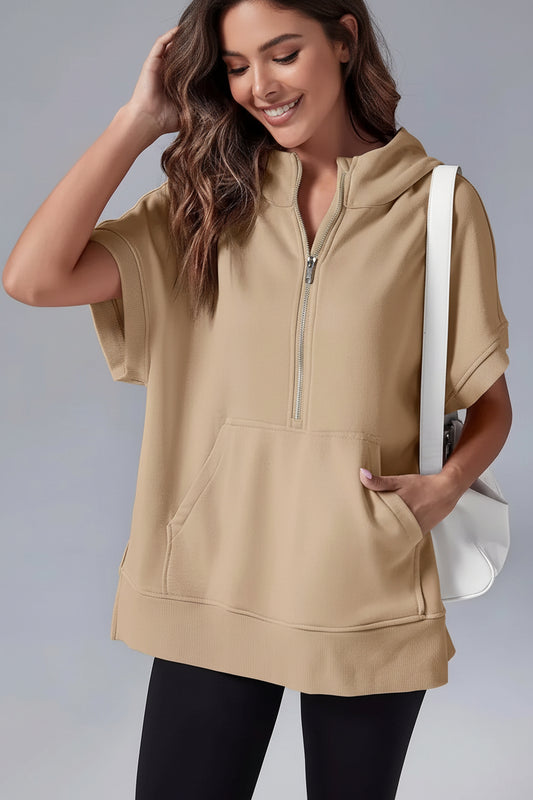 ZIPRELAXA – Casual Short Sleeve Hoodie with Half Zip and Pockets