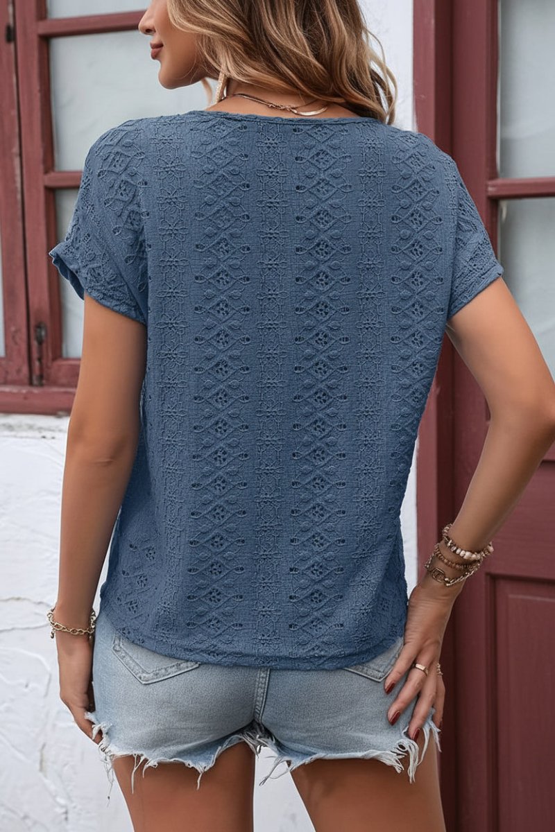 Heidi - Notched Neckline T-Shirt with Eyelet Embroidery for Effortless Style 1