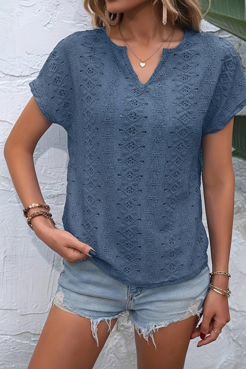 Heidi - Notched Neckline T-Shirt with Eyelet Embroidery for Effortless Style 2
