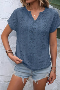 Heidi - Notched Neckline T-Shirt with Eyelet Embroidery for Effortless Style 2