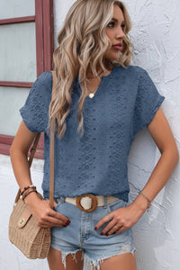 Heidi - Notched Neckline T-Shirt with Eyelet Embroidery for Effortless Style 4