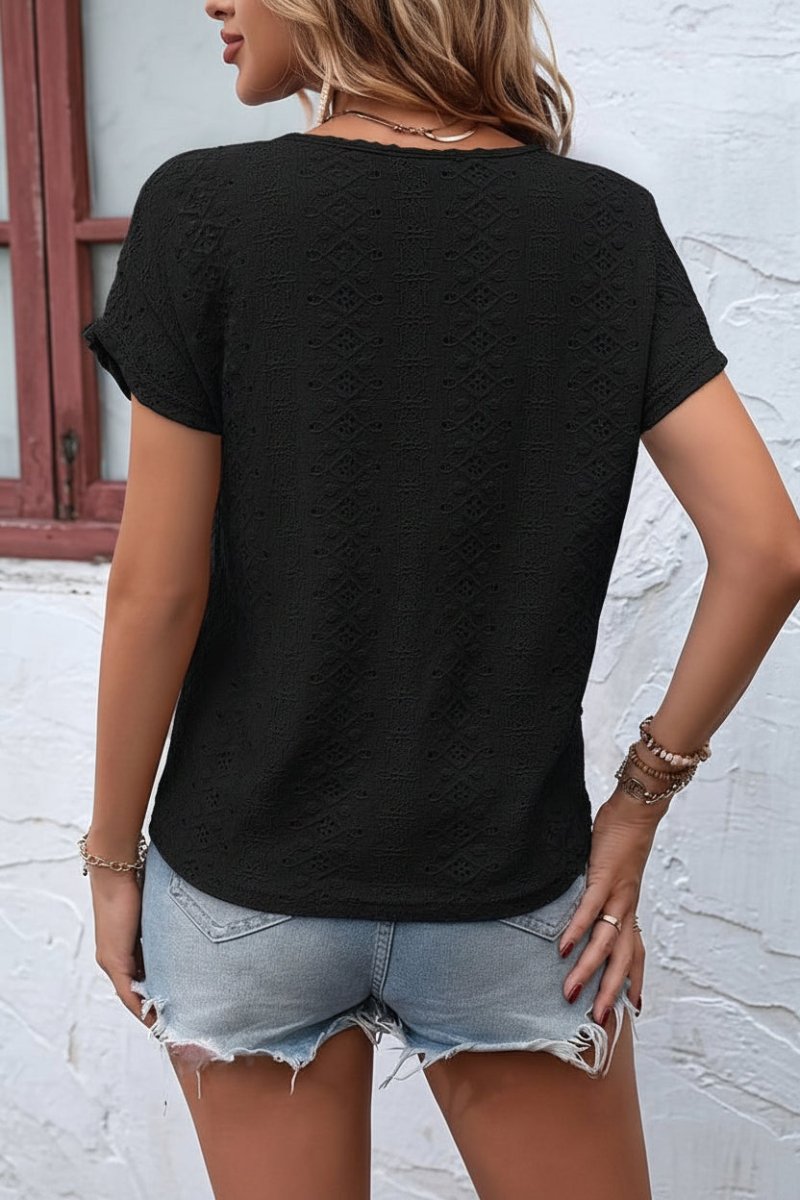 Heidi - Notched Neckline T-Shirt with Eyelet Embroidery for Effortless Style 6