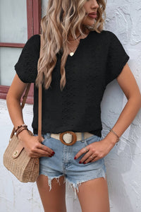 Heidi - Notched Neckline T-Shirt with Eyelet Embroidery for Effortless Style 8