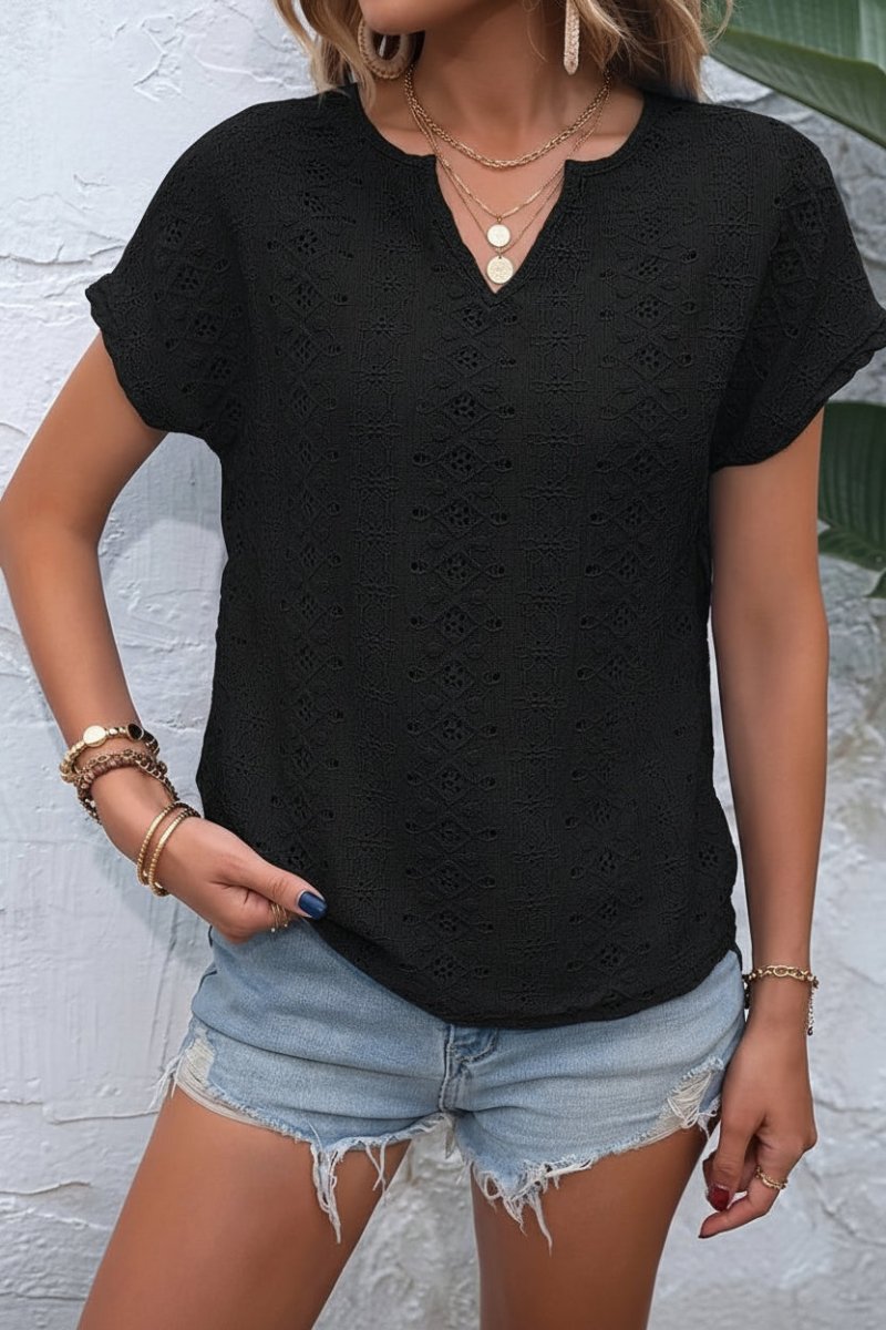 Heidi - Notched Neckline T-Shirt with Eyelet Embroidery for Effortless Style 9