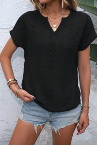 Heidi - Notched Neckline T-Shirt with Eyelet Embroidery for Effortless Style 9